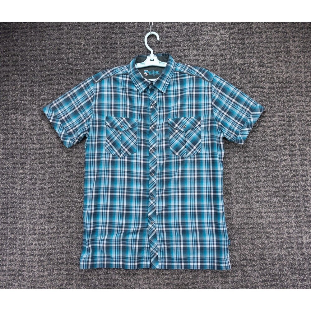 Kuhl Shirt Mens Medium Blue Plaid Eluxur Ionic Short Sleeve Outdoor Gorpcore